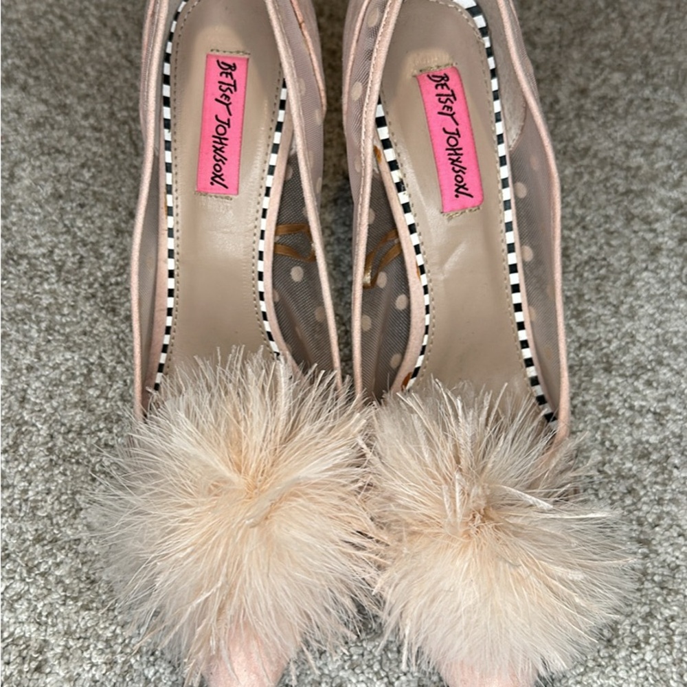 Betsey Johnson Pink and Cream Heels with Pom Pom Detail
